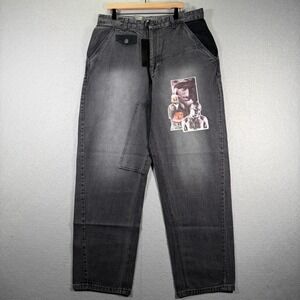 Vintage Makaveli Brand Men's Black Graphic Print Denim Jeans Size 38x34 Y2K